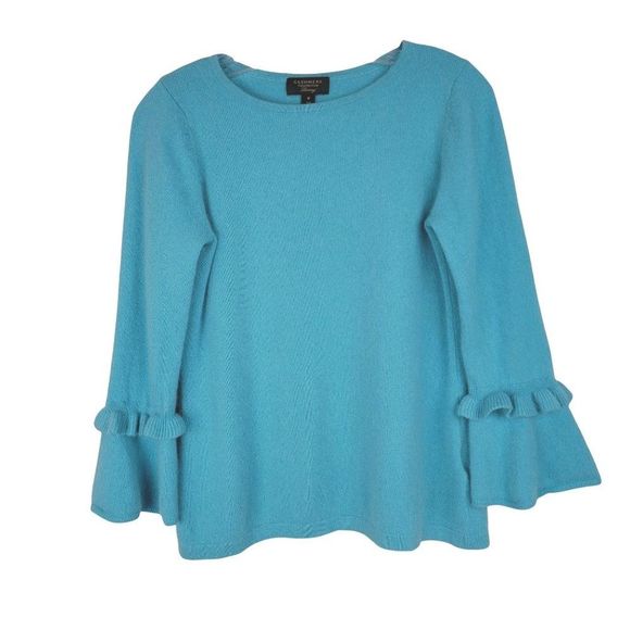 Charter Club Cashmere Blue Round Neck Long Bell Ruffle Sleeves Sweater Size M - Picture 1 of 8